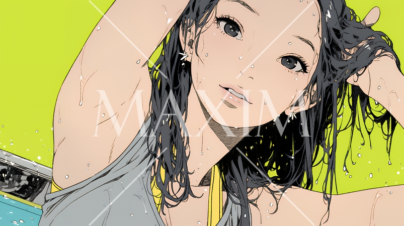 ヘアーシャワーの後の濡れ髪の若い女性