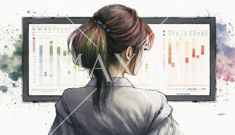 モニターに表示された株価チャートと注文画面を見つめる女性トレーダーの後ろ姿。