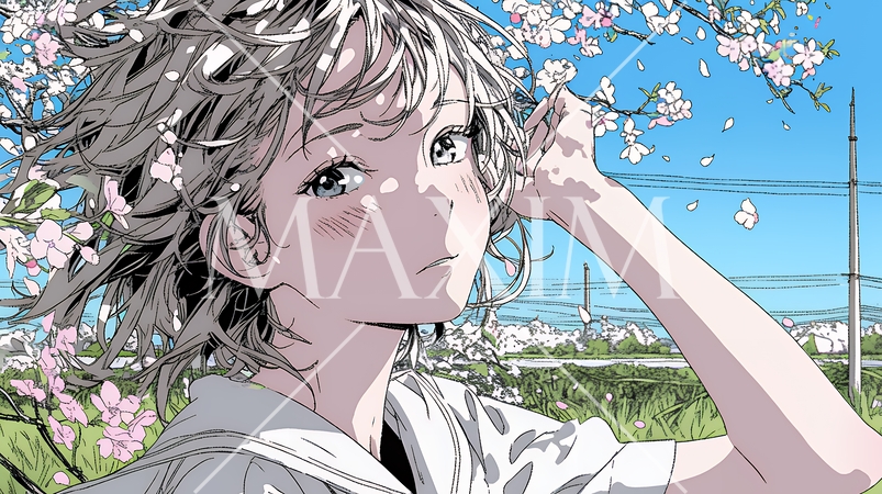 満開の桜の下、春風に乱れた髪を整える若い女性