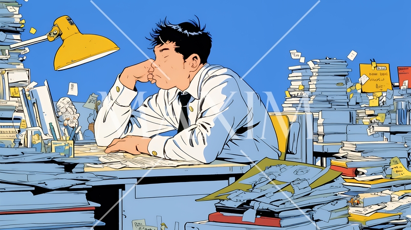 深夜残業で疲弊する会社員｜過労とストレスに悩むビジネスパーソン（ブラック企業イメージ）