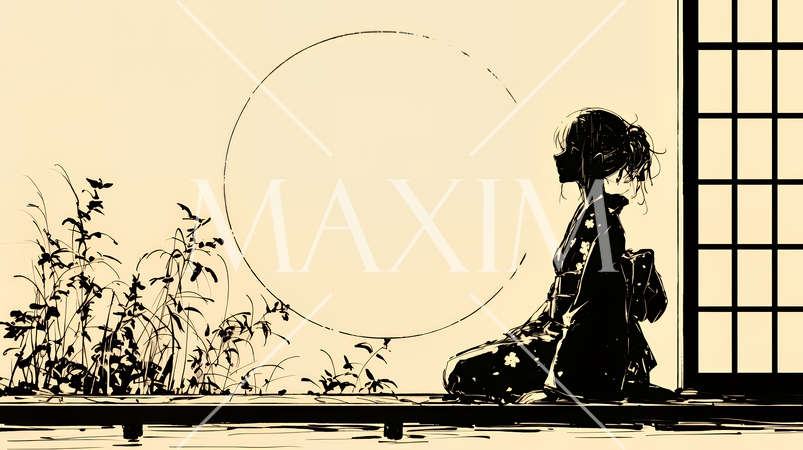 月見をしている和服姿の若い女性（シンプルな色使い）