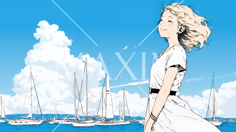 沖縄のヨットハーバーに立つ若い女性（シンプルな色使い）