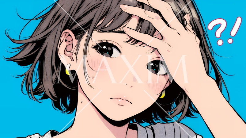 額に手を当てて「困ったな」ポーズをしている若い女性