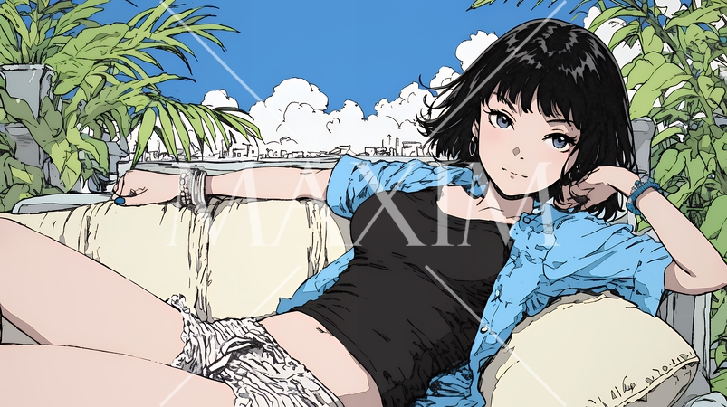 下着姿でくつろいでいる若い女性