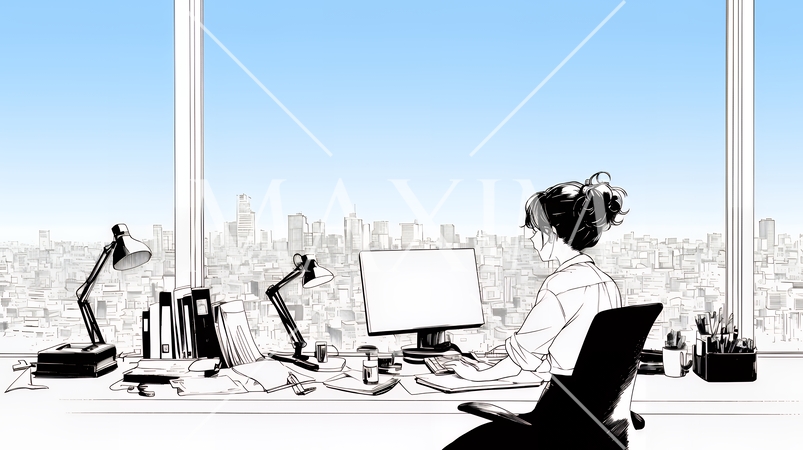 職場のデスクでパソコンに向かって仕事をしているビジネスウーマン（シンプルな色使い）