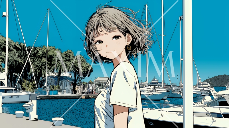 沖縄のヨットハーバーに立つ若い女性