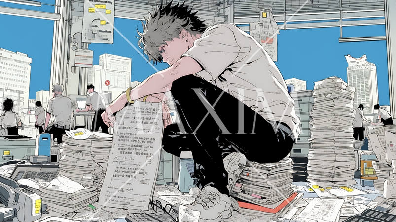 期日には間に合いそうもない書類の山と格闘中のビジネスパーソン達