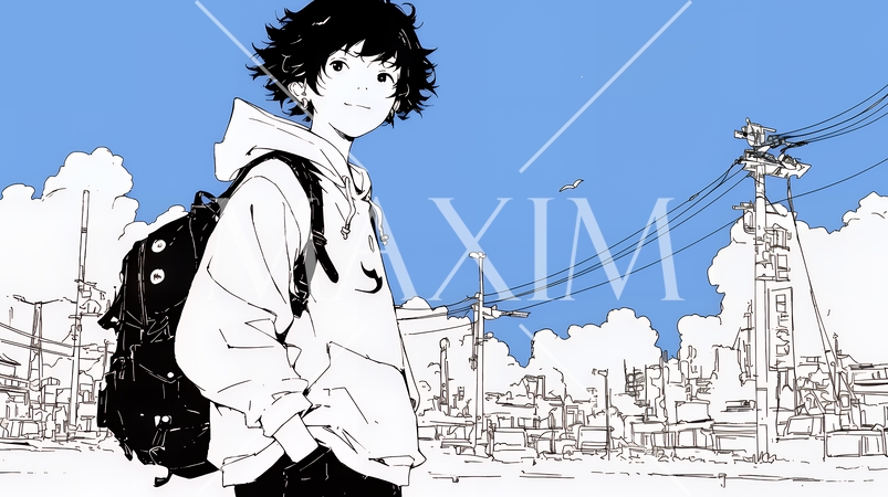 若い女性が佇む都市の街角（シンプルな色使い）