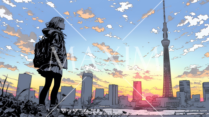 大都会の日没（日の出）とランドスケープを眺めている若い女性