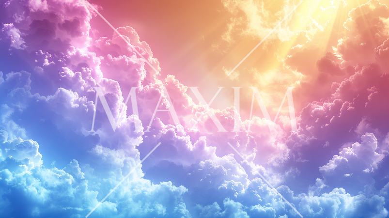 神や天使が降臨したイメージ：虹色の雲と天使の階段のような黄金色の日光：雲のCG加工