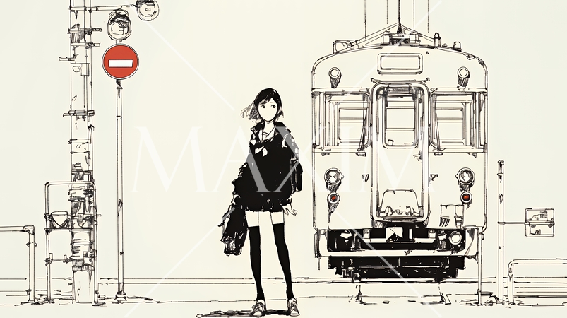 若い女性が佇む都市の街角（シンプルな色使い）