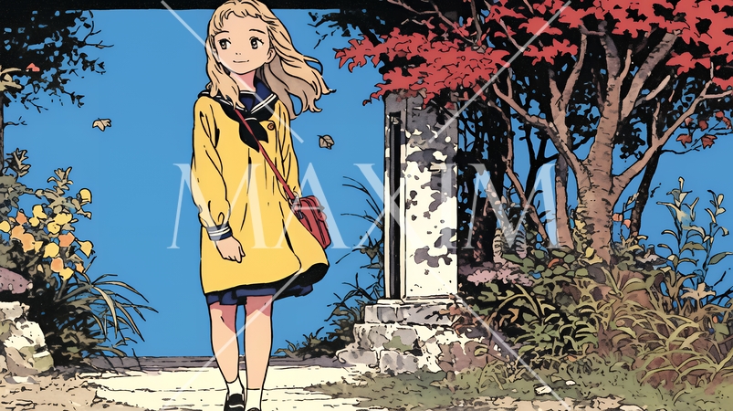 紅葉の小径を歩く少女