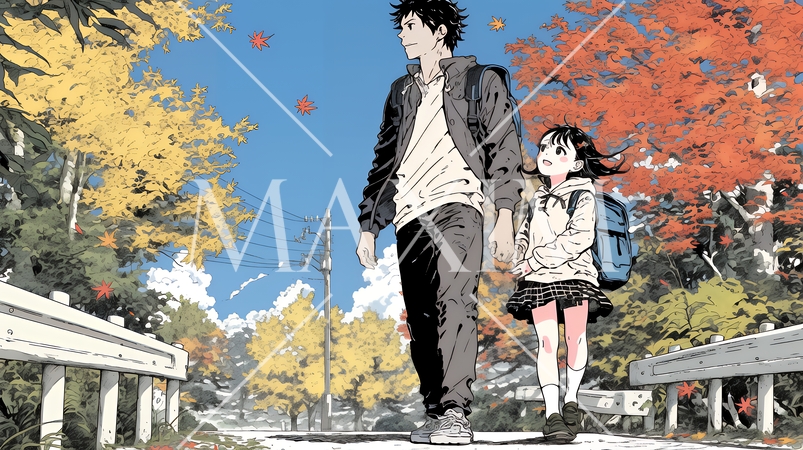 紅葉の小径を仲良く歩く少女と父親