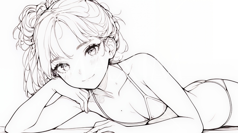 南国のビーチに寝そべるビキニ姿の若い女性（シンプルな色使い）