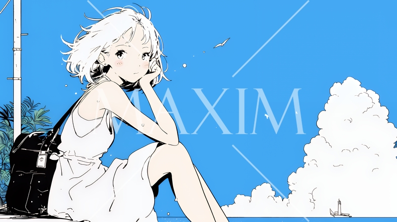 夏休みの思い出：海辺の町への一人旅（シンプルな色使い）