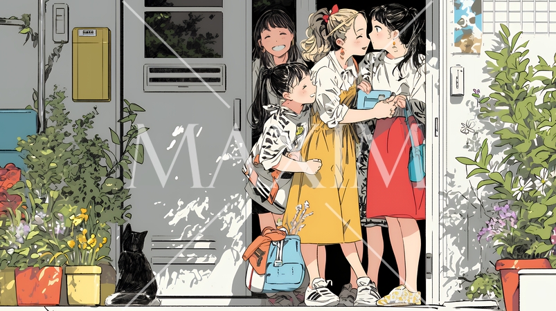 道端で会話を楽しむ若い主婦たち（ママ友たち）