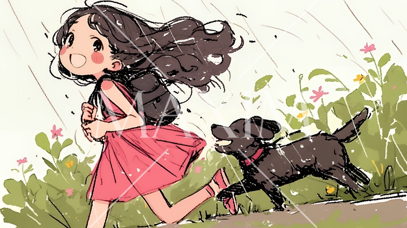 愛犬と散歩をしている女の子（クレヨン＋水彩画風）