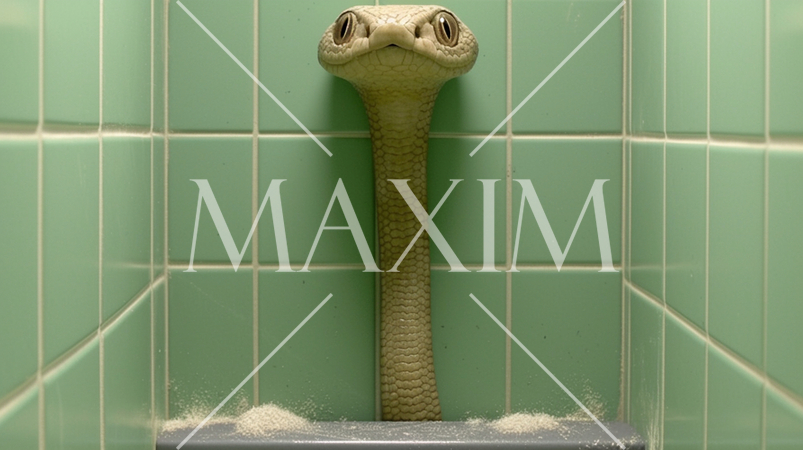 風呂場に現れた緑色の蛇が鎌首を持ち上げている