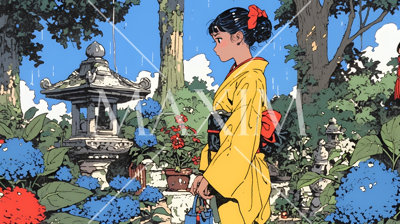 あじさいの小径を和服で歩く若い女性