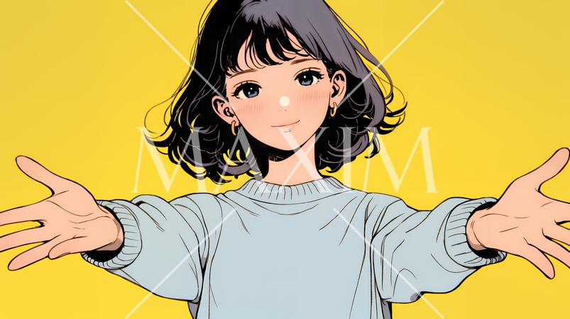 両手を広げて歓迎・驚きの仕草をしている若い女性