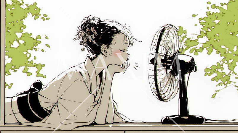 暑い夏の昼下がり、扇風機にあたって涼んでいる若い女性（シンプルな色使い）