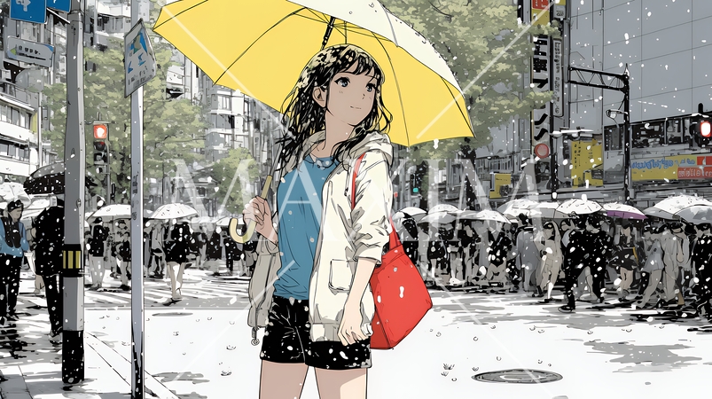 雨の日に傘をさして歩く若い女性