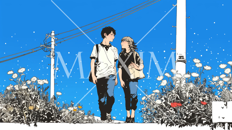 夏の晴天の日に近所を散歩中の若い恋人たち