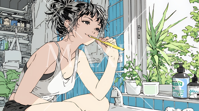 洗面所で朝の歯磨きをする若い女性