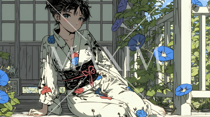 アサガオと浴衣姿の若い女性