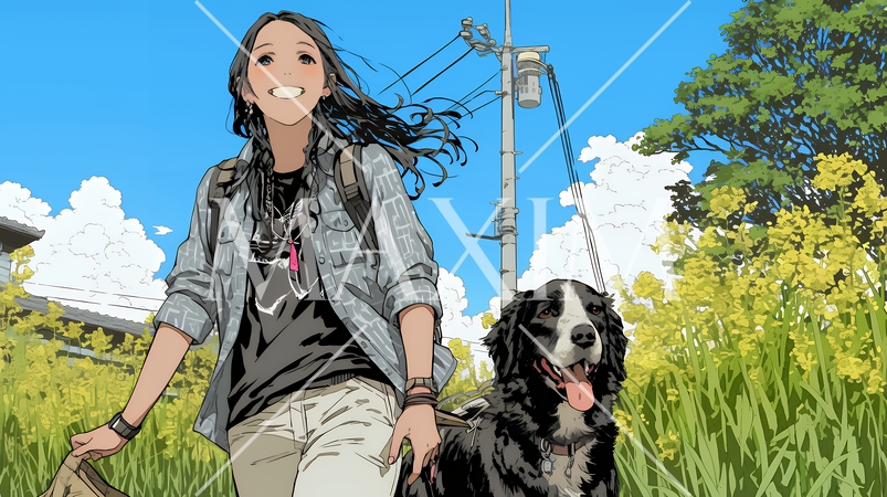 愛犬と散歩している若い女性