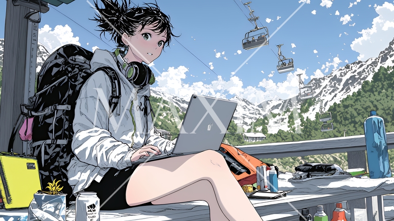 スキーリゾートに来ているのにPCを手放せない若い女性