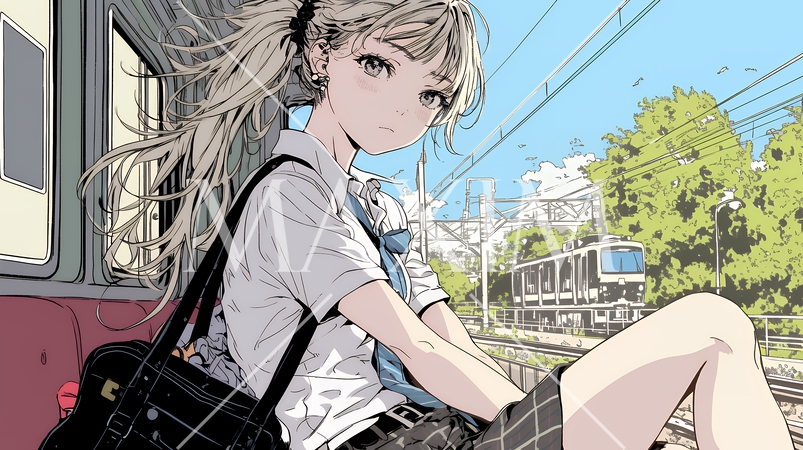 制服姿の女子高生：駅で電車待ち