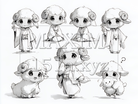 かわいい羊の擬人化ポーズ集｜白黒線画の干支・年賀状向けイラスト素材（イラストID:9326174-20557）