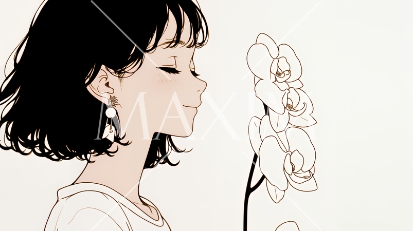 蘭の花と若い女性（シンプルな色使い）