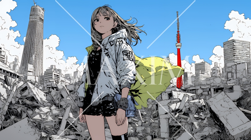 震災や空爆などで破壊された街で孤独に立ちすくむ若い女性