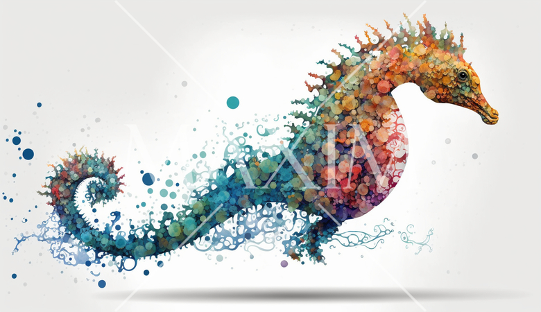 タツノオトシゴ：カラフルでサイケデリックでシュールレアリズム的な水彩画