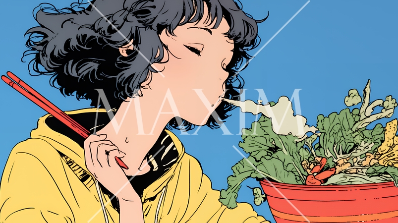 羮に懲りて膾を吹く：鍋料理でやけどをして、鍋に入ったサラダを冷まして食べている女性