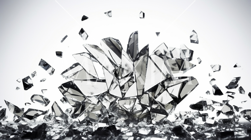 ガラスが割れて飛び散っている-白背景画像：精緻CG画像