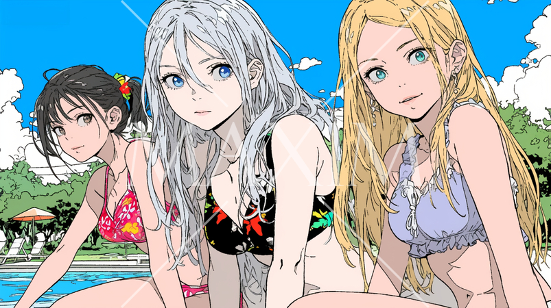 仲の良い友達同士で南国の海岸にビキニ姿でいる若い女性たち