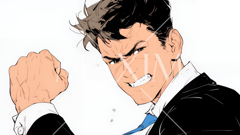 ガッツポーズ（拳を握って力強く）をしているビジネスマン（シンプルな色使い）