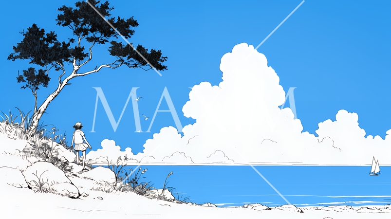 夏のビーチの風景（シンプルな色使い）