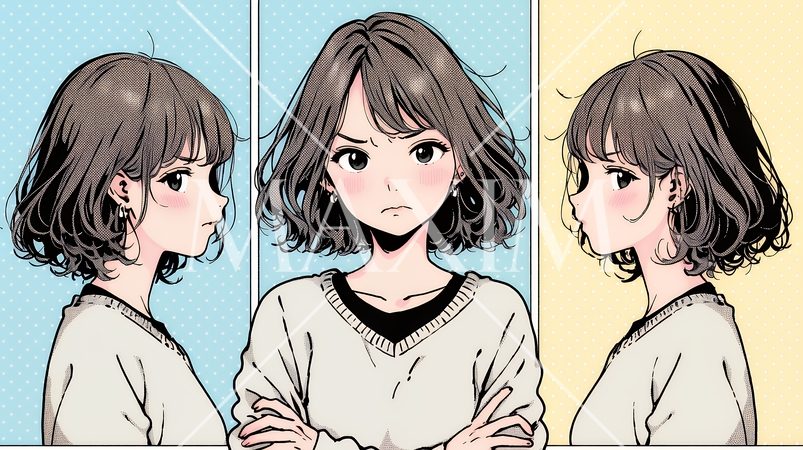 頬を膨らませ、腕を組んでイライラしている女性