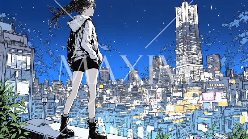 都市のランドスケープを眺めている若い女性