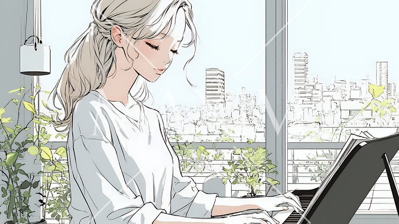 ピアノを弾いている若い女性