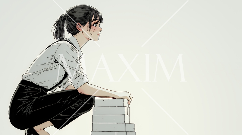 コンクリートブロックを積み上げているビジネスウーマン：計画の段階的積み重ねの比喩