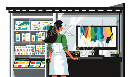 店の商品レイアウトを考えている女性（イラストID:9338564-19241）