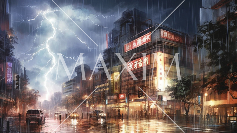 夜の街の落雷-水彩画