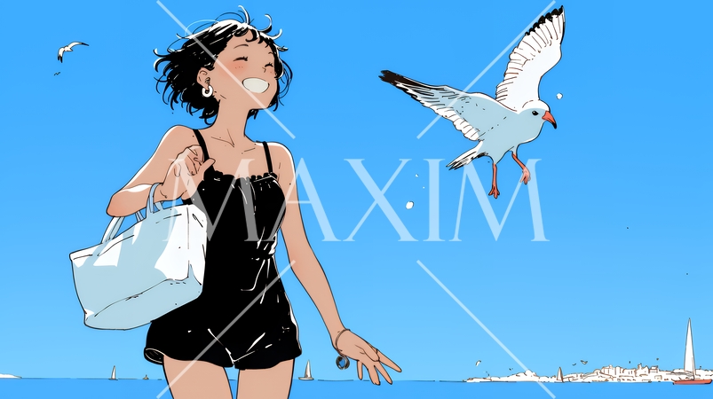 一人旅の若い女性と夏のビーチの風景（シンプルな色使い）