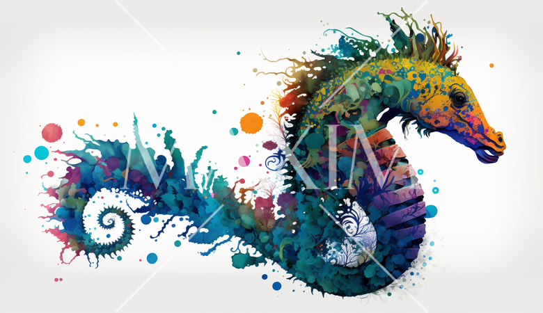 タツノオトシゴ：カラフルでサイケデリックでシュールレアリズム的な水彩画