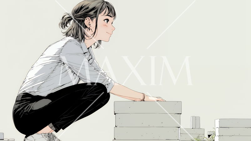 コンクリートブロックを積み上げているビジネスウーマン：計画の段階的積み重ねの比喩